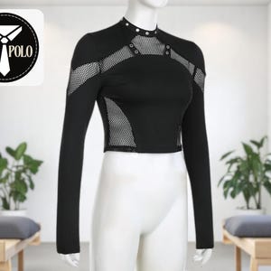 Long-Sleeve Gothic Crop Top | Hollow Out Irregular Streetwear | Black Mesh Patchwork | Punk Style T-Shirt | Full Skinny Detail