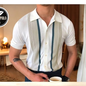 Short Sleeve Polo Shirt | Men&#39;s Button Down Striped Top | Stylish Formal Clothing