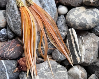 Shortie Thin Grizzly Feather Earrings Feather Hair Extensions Natural and Orange Mix Western Boho Hippie Burlesque Wedding Festival