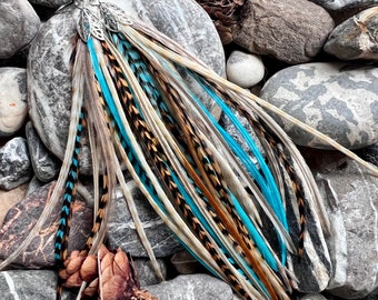 Shortie Thin Grizzly Feather Earrings Hair Extensions Natural Mix w Turquoise Western Boho Hippie Burlesque Wedding Festival one of a kind