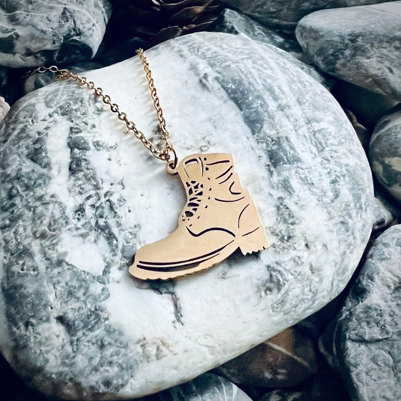 Hiking mountain hike hiking boot combat boot unisex adventure military gold silver stainless steel pendant necklace image 1