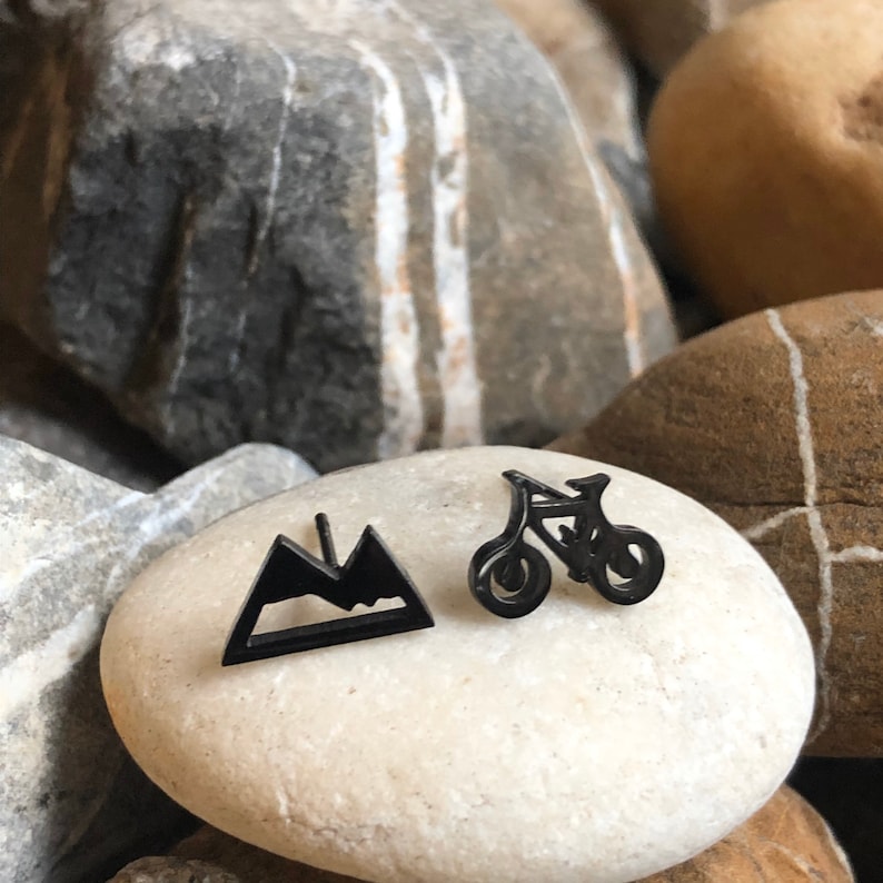 Mixed bike bicycle mountain peak stainless steel stud earrings gold silver black rose gold black