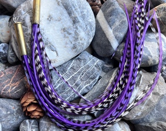 One of a kind 22 Magnum Bullet casing long grizzly feather earrings hair extensions purple white striped Western Boho Hippie festival