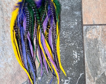 Extra long full Marda Gras colours grizzly feather festival earrings with tinsel rave burlesque western feather extensions green purple gold