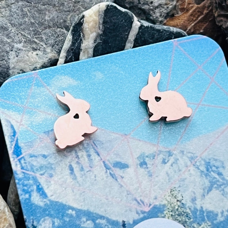 Stainless steel rabbit stud earrings in gold, silver, rose gold, black bunny heart image 1