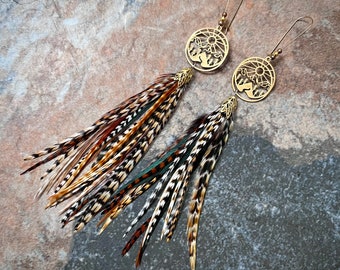 Shortie grizzly feather earrings stainless steel dangle laser cut mountain scene Western Boho Hippie Burlesque Wedding Festival one of kind