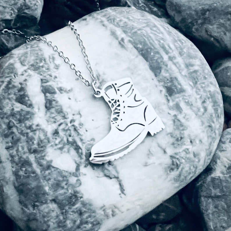 Hiking mountain hike hiking boot combat boot unisex adventure military gold silver stainless steel pendant necklace image 2