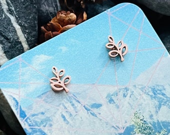 Stainless steel leaves stud earrings in gold silver rose fern plant