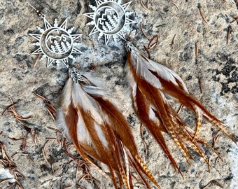 Laser cut dangle mountain sun shortie feather earring pair grizzly Western Boho Hippie Burlesque Wedding Festival