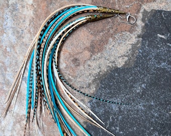 Standard Long Natural Mix with Turquoise Grizzly Long Feather Earrings Western Burlesque Hippie Boho Festival Wedding One of a Kind