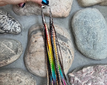 Grizzly feather solid mix with neutral colours and hand dyed rainbow ombré feathers Western Boho Hippie Burlesque Wedding Festival Pride