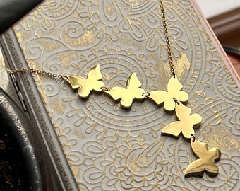 Stainless steel five butterflies asymmetrical 18” necklace silver gold insect bugs