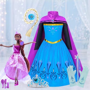 Elsa dress for girls gift set with doll, cape, crown, wand and gloves birthday costume set, purple princess set