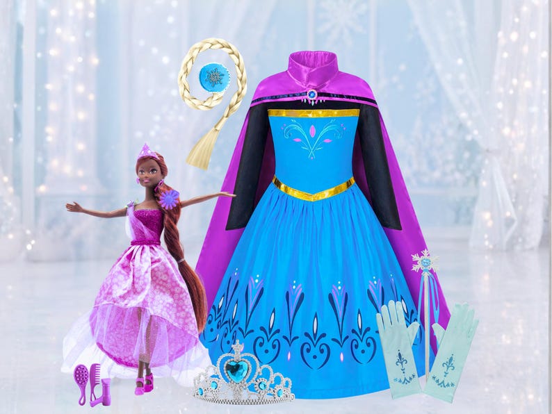 Elsa dress for girls gift set with doll, cape, crown, wand and gloves birthday costume set, purple princess set