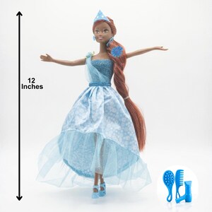 African American doll princess doll set showing 12 inch doll and 4.5 inch mini doll size comparison with accessories, color blue
