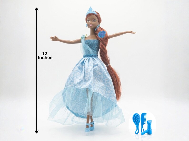 African American doll princess doll set showing 12 inch doll and 4.5 inch mini doll size comparison with accessories, color blue