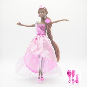 African American doll princess doll set showing 12 inch doll and 4.5 inch mini doll size comparison with accessories, color pink