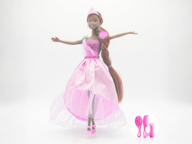 African American doll princess doll set showing 12 inch doll and 4.5 inch mini doll size comparison with accessories, color pink