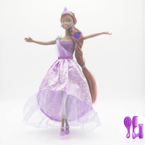 African American doll princess doll set showing 12 inch doll and 4.5 inch mini doll size comparison with accessories, color purple