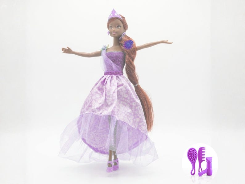 African American doll princess doll set showing 12 inch doll and 4.5 inch mini doll size comparison with accessories, color purple