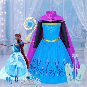 Elsa dress for girls gift set with doll, cape, crown, wand and gloves birthday costume set- color blue with purple cape and dolls with blue dress