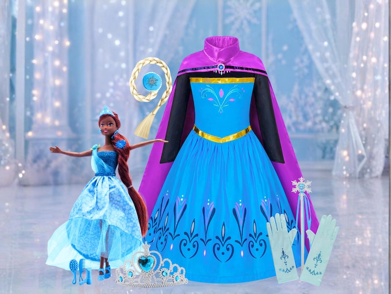 Elsa dress for girls gift set with doll, cape, crown, wand and gloves birthday costume set- color blue with purple cape and dolls with blue dress