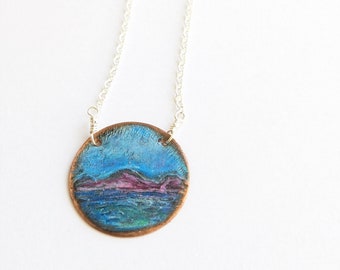 Etched Copper Disc Landscape Necklace and Color Pencil with Sterling Silver