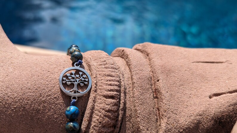 Pulsera de Jade Azul con Colgante de Acero Inoxidable Árbol de la Vida imagen 5