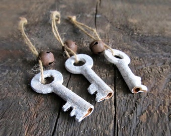 Set of 3 Frosted Painted Skeleton Key Ornaments With Rusty Bells