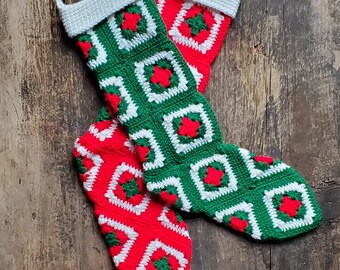 Two Vintage Granny Square Crochet Christmas Stockings