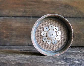 Decorative Vintage Mason Jar Zinc Lid and Vintage Mother of Pearl Buttons Frame