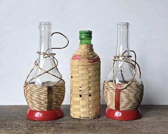 Set of 3 Vintage Wicker and Raffia Wrapped Bottles