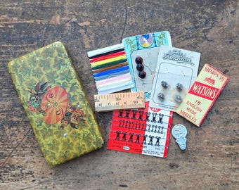 Vintage Somers Bros Lithograph Tin with Vintage Sewing Notions