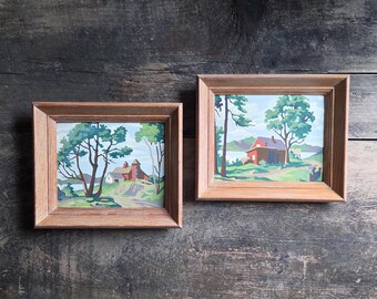 Vintage 1954 Craft Master Paint by Number Framed Pair | Mid Century Country Scene Rural Landscape