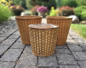 Set of 3 Vintage Boho Wicker Baskets : Rattan Waste and Bamboo Planter Baskets