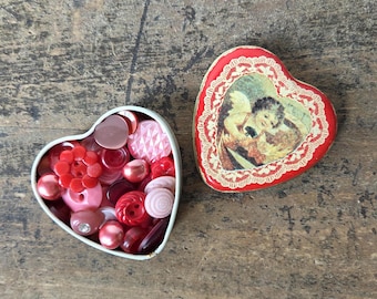 50 Vintage Red & Pink Plastic Craft Buttons and Bristol Ware Heart Tin