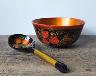 Vintage Russian Khokhloma Wooden Bowl and Spoon