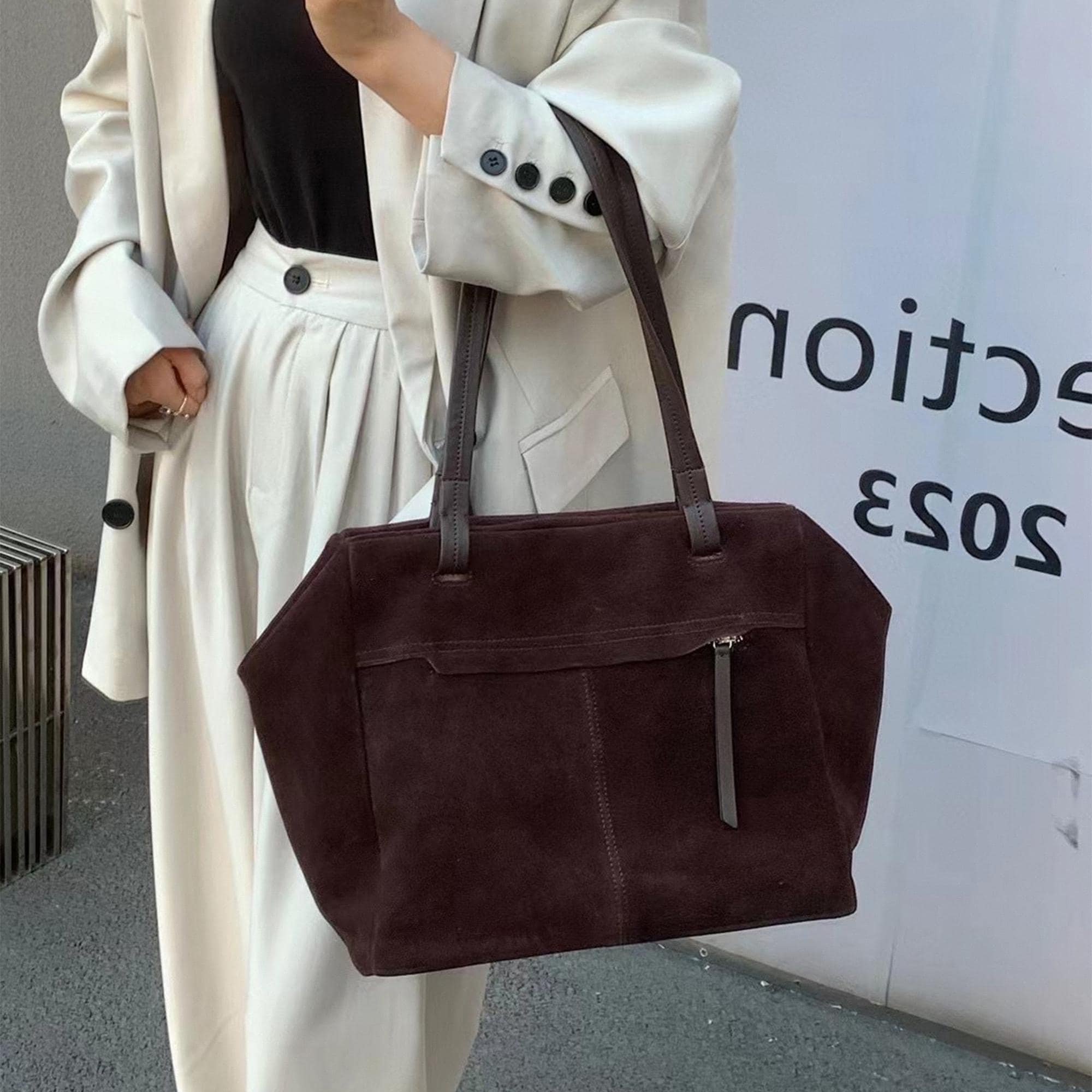 Large Suede Leather Tote Bag, Autumn Suede Leather Shoulder Bag, Minimalist Tote Bag, Commuter Bag