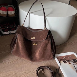 Suede Leather Tote Bag, Large Minimalist Underarm Bag, Women&#39;s Shoulder Bag, Commuter Bag