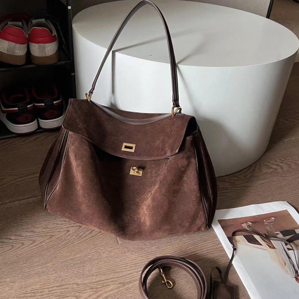Suede Leather Tote Bag, Large Minimalist Underarm Bag, Women's Shoulder Bag, Commuter Bag