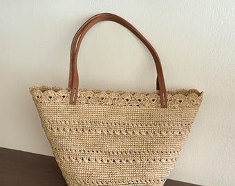 Raffia Tote Bag, Hand-woven Raffia Shoulder Bag, Straw Women's Bag, Minimal Beach Tote Bag