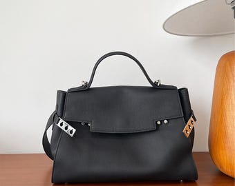 Leather Top Handle Bag, Large Leather Tote Bag, Genuine Leather Women&#39;s Handbag, Minimal Leather Purse