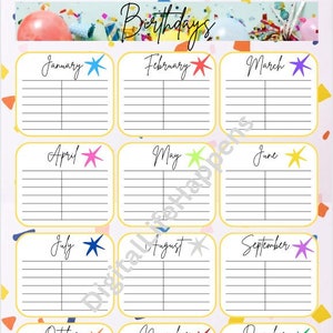 Birthday Tracker, Yearly Birthdays, Birthday Calendar