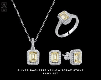 Silver Baguette Yellow Topaz Stone Lady Set