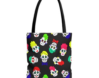 Tote Bag, Unique Sugar Skull Design Tote, Everyday Carry Bag, Festival Gift Idea - All Over Print