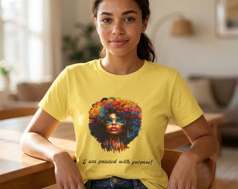 Afro Glam T-Shirt | Black Woman Art, Ombre/Black Text, Affirmation Tee
