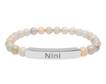 Personalized Engraved Bar Bracelet Natural Stone Stretch Bracelet | Custom Name Beaded Bracelet