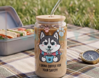Husky Glass Tumbler with Bamboo Lid and Straw | Dog Lover Coffee Cup