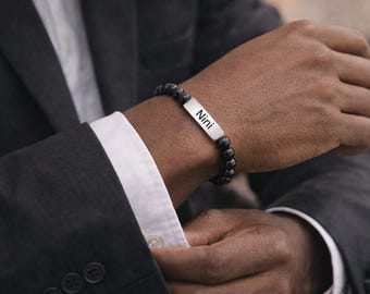 Personalized Engraved Bar Bracelet | Natural Stone Stretch Jewelry Gift