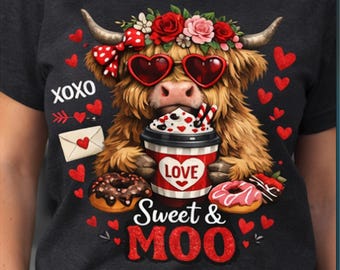 Valentine Highland Cow Sweet & Moo Coffee Tee | Love Hearts, Cupcake Design | Valentine Gift